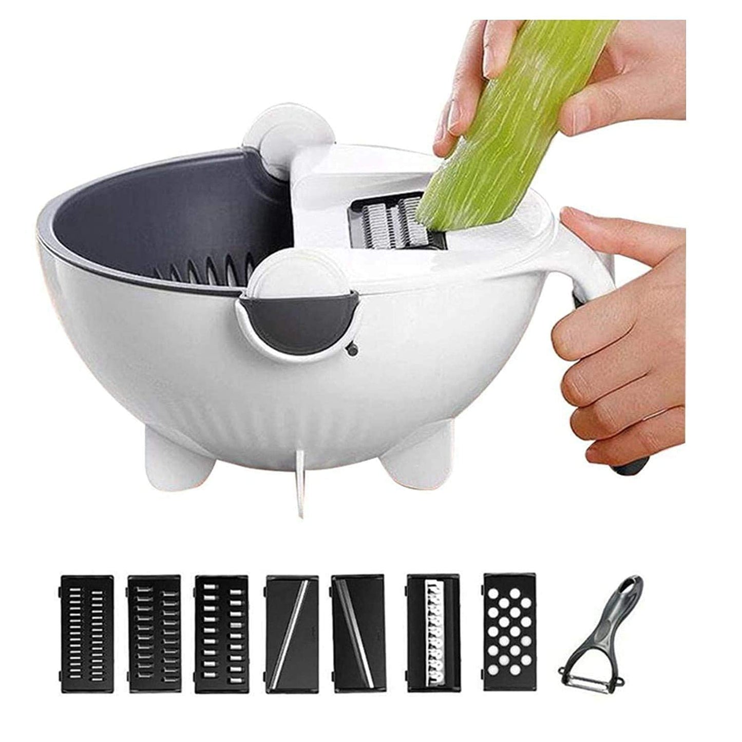 Plastic Multi-Functional 9 in 1 Vegetable Cutter Grater Slicer Peeler with Wet Rotating Drain Basket