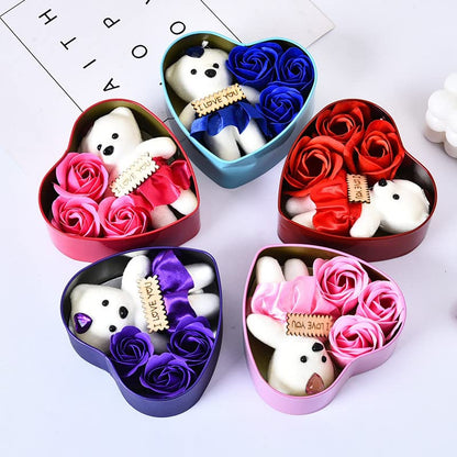 Random Heart Shaped Tin Box Filled With 3 Roses, Perfume And A Little Bear