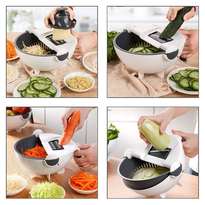 Plastic Multi-Functional 9 in 1 Vegetable Cutter Grater Slicer Peeler with Wet Rotating Drain Basket